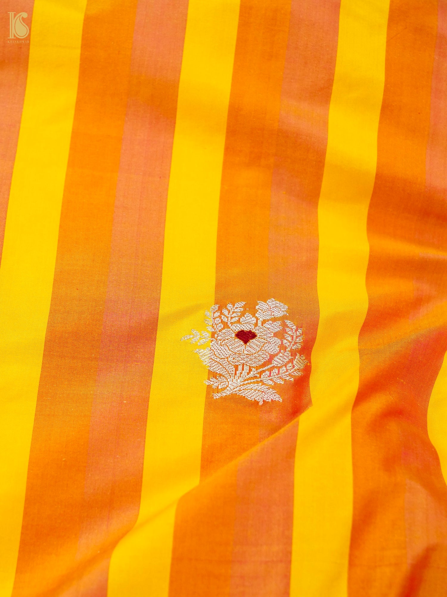 Banarasi Katan Silk Kadwa Floral Sprig Fabric in Golden Yellow Stripe
