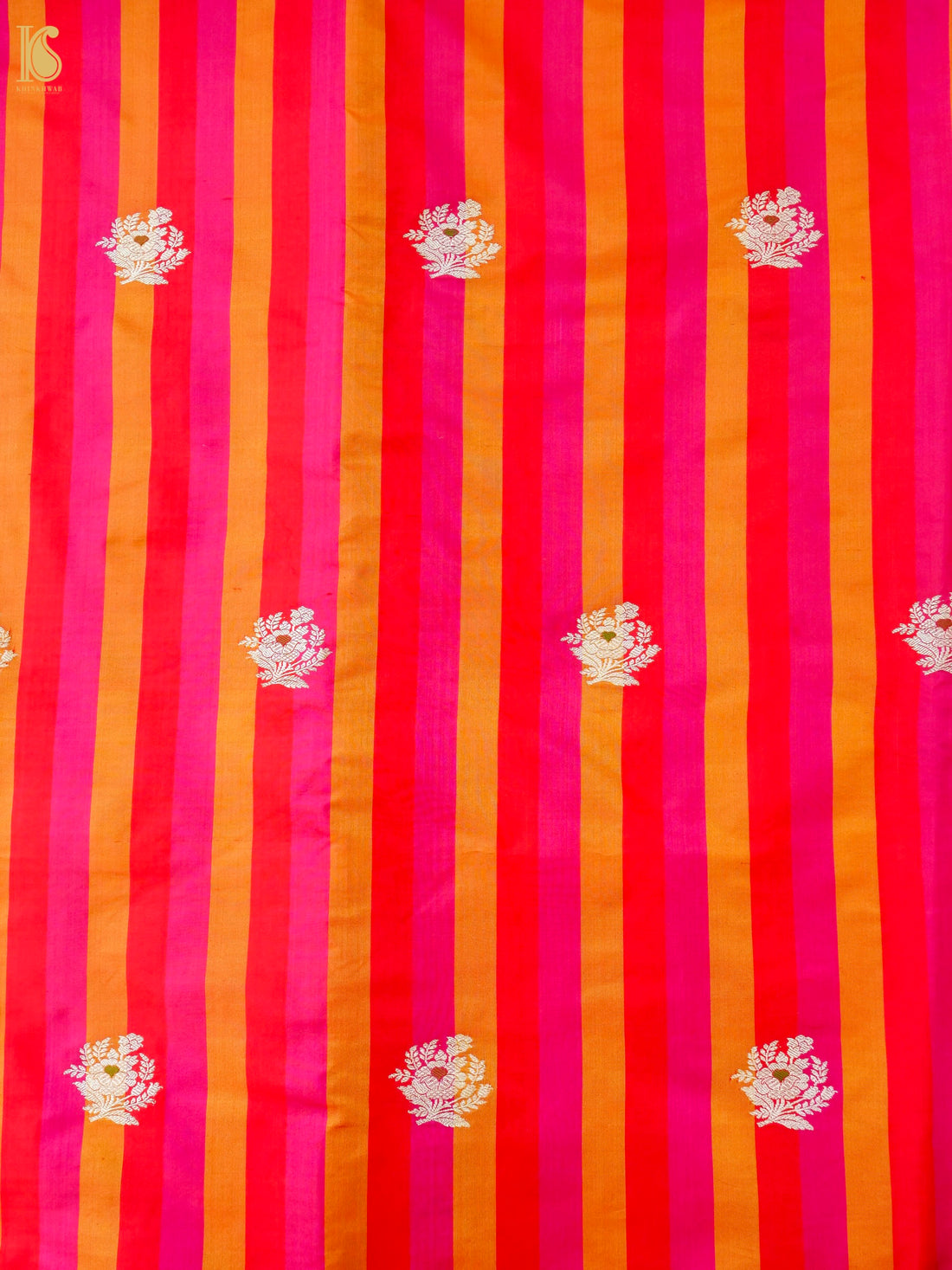 Banarasi Katan Silk Kadwa Floral Sprig Fabric in Red Magenta Stripe