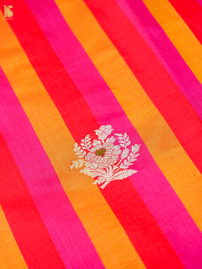 Banarasi Katan Silk Kadwa Floral Sprig Fabric in Red Magenta Stripe