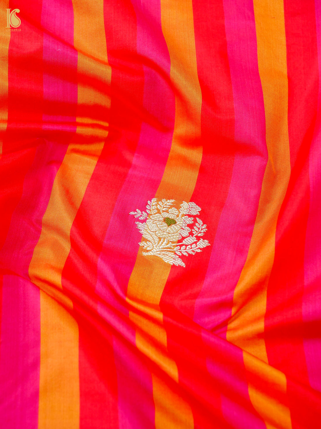 Banarasi Katan Silk Kadwa Floral Sprig Fabric in Red Magenta Stripe