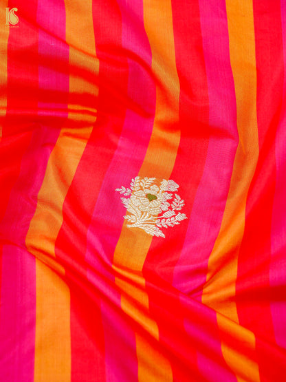 Banarasi Katan Silk Kadwa Floral Sprig Fabric in Red Magenta Stripe