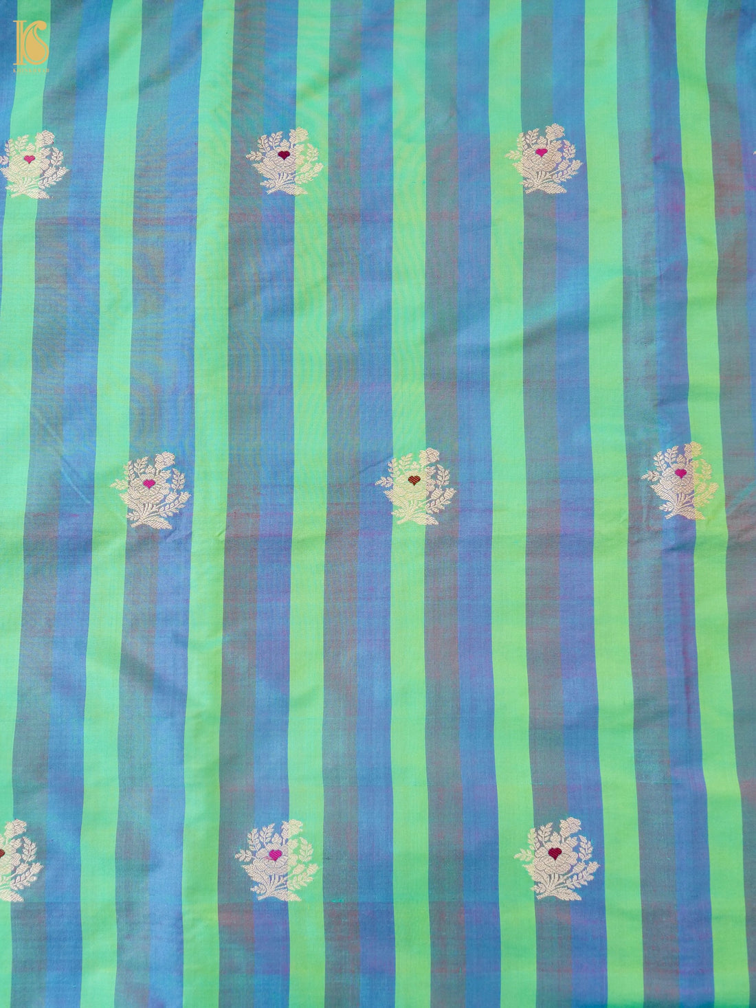 Banarasi Katan Silk Kadwa Floral Sprig Fabric in Green Blue Stripe