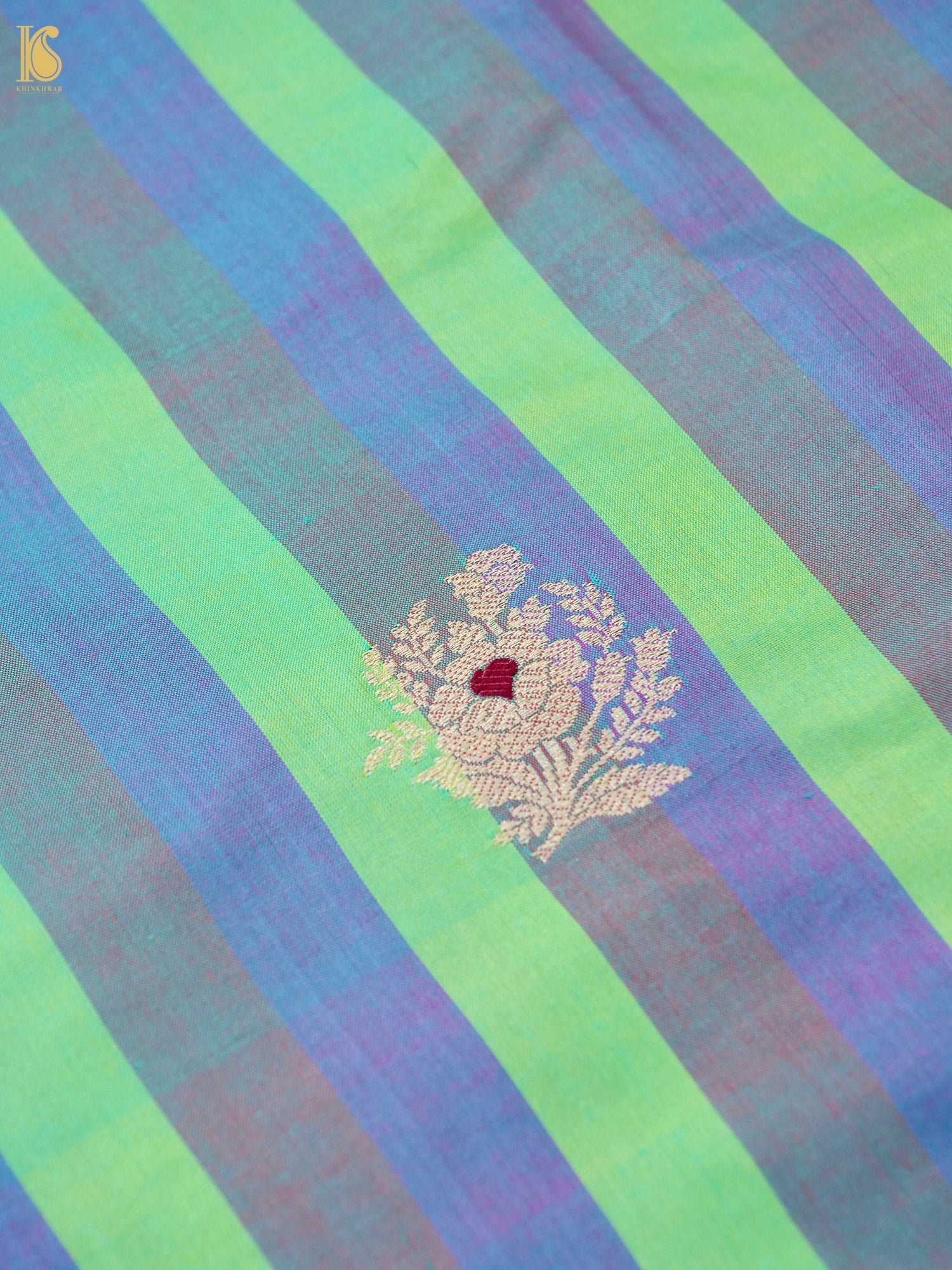 Banarasi Katan Silk Kadwa Floral Sprig Fabric in Green Blue Stripe