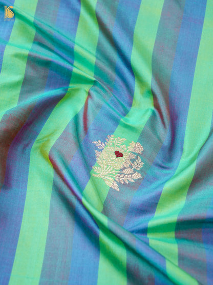 Banarasi Katan Silk Kadwa Floral Sprig Fabric in Green Blue Stripe