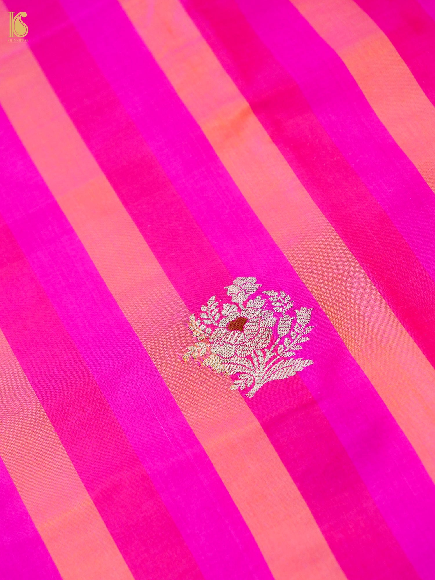 Banarasi Katan Silk Kadwa Floral Sprig Fabric in Magenta Peach Stripe