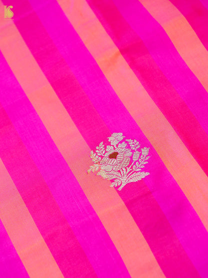 Banarasi Katan Silk Kadwa Floral Sprig Fabric in Magenta Peach Stripe