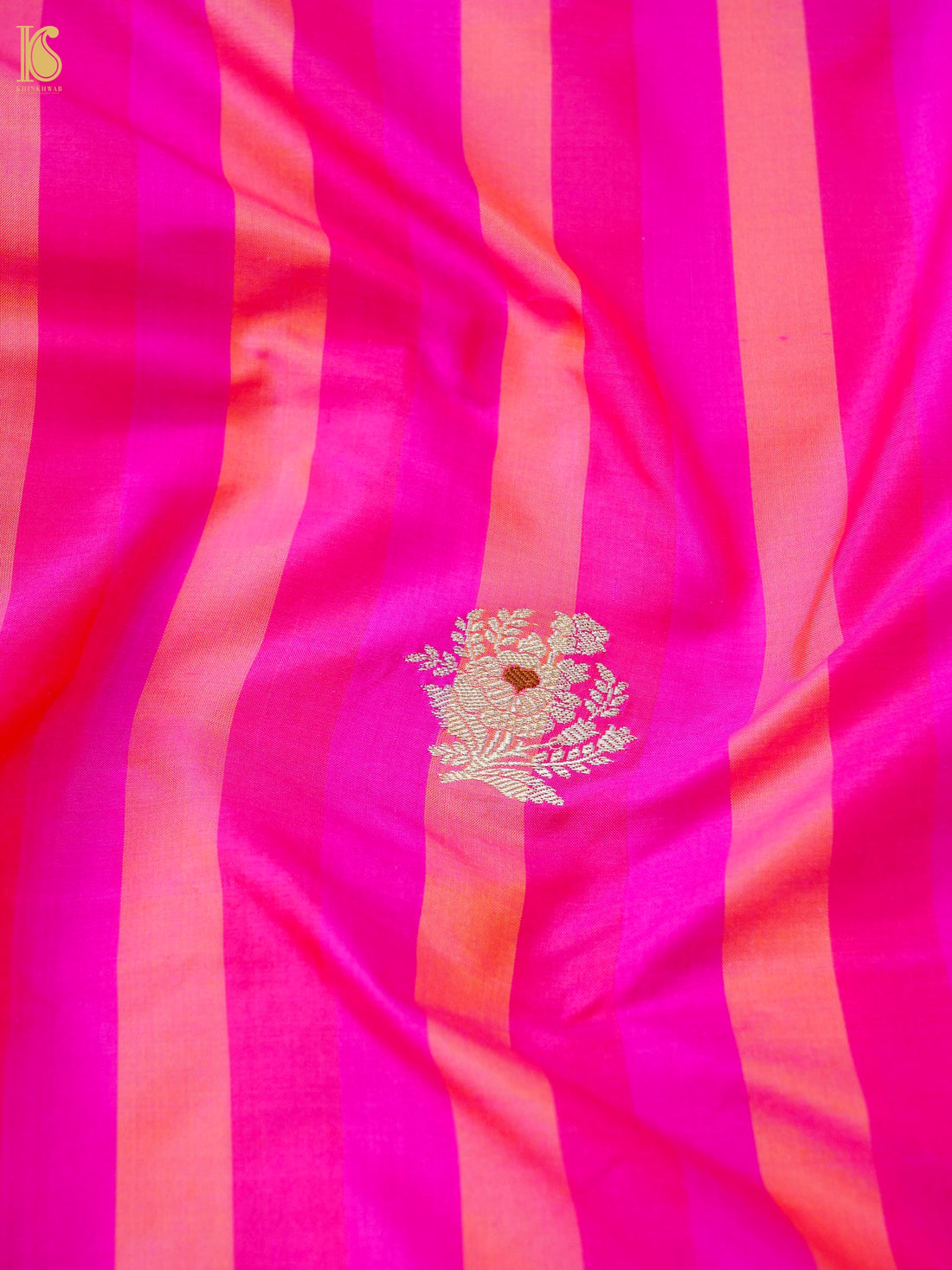 Banarasi Katan Silk Kadwa Floral Sprig Fabric in Magenta Peach Stripe