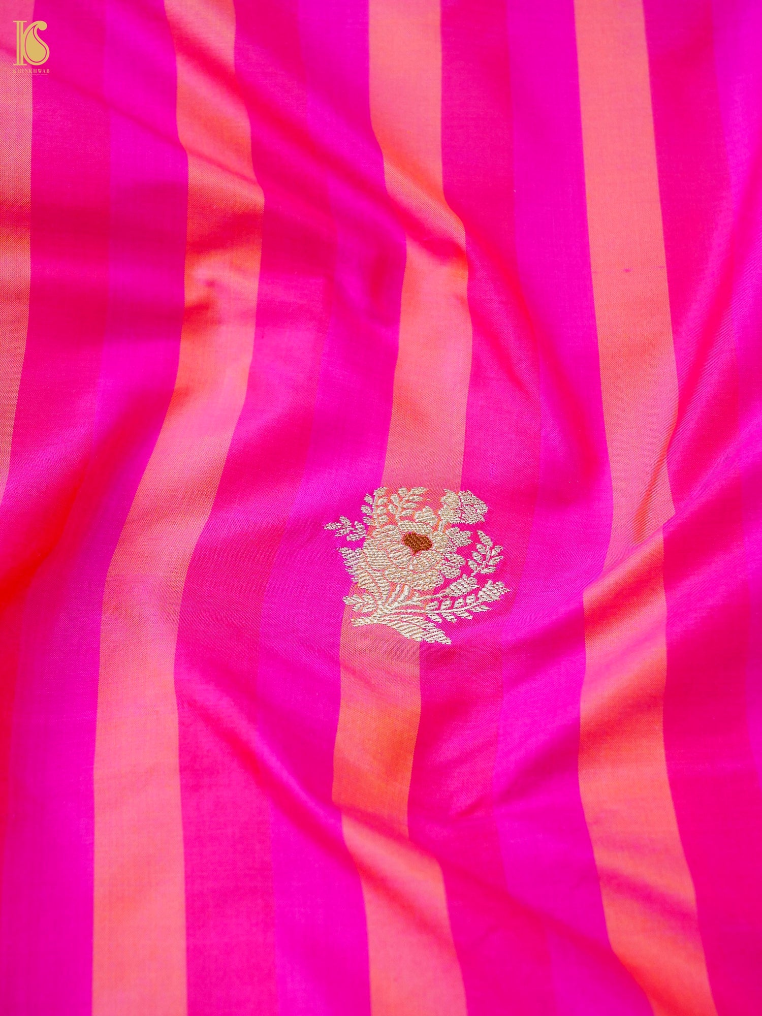Banarasi Katan Silk Kadwa Floral Sprig Fabric in Magenta Peach Stripe