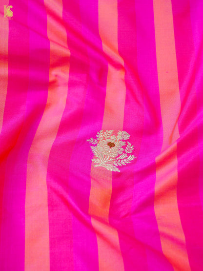Banarasi Katan Silk Kadwa Floral Sprig Fabric in Magenta Peach Stripe