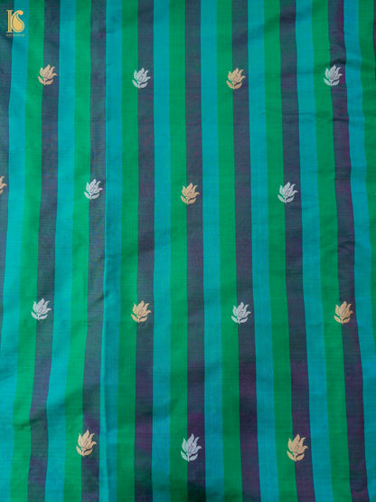 Banarasi Katan Silk Kadwa Tulip Boota Fabric in Emerald Purple Stripe