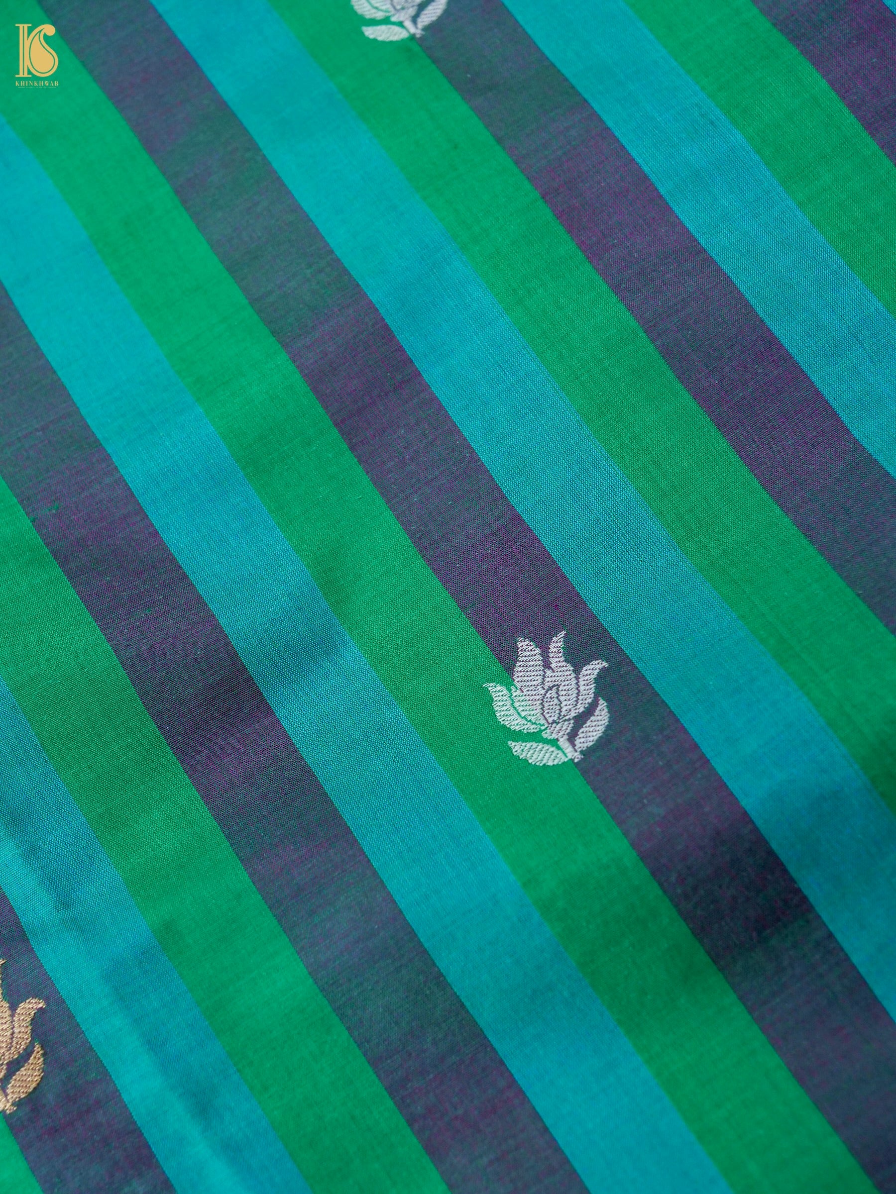 Banarasi Katan Silk Kadwa Tulip Boota Fabric in Emerald Purple Stripe