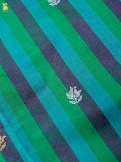 Banarasi Katan Silk Kadwa Tulip Boota Fabric in Emerald Purple Stripe