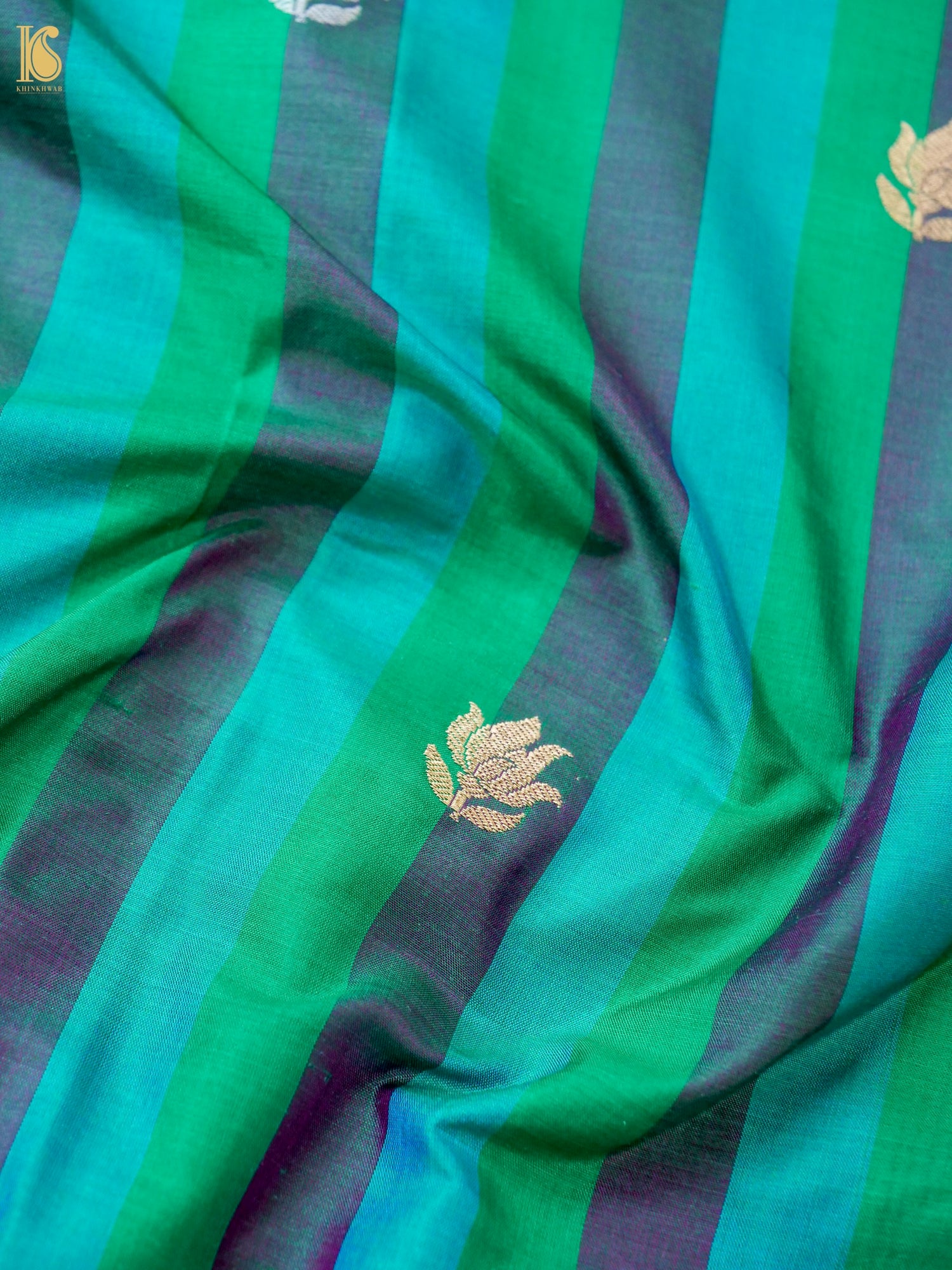 Banarasi Katan Silk Kadwa Tulip Boota Fabric in Emerald Purple Stripe