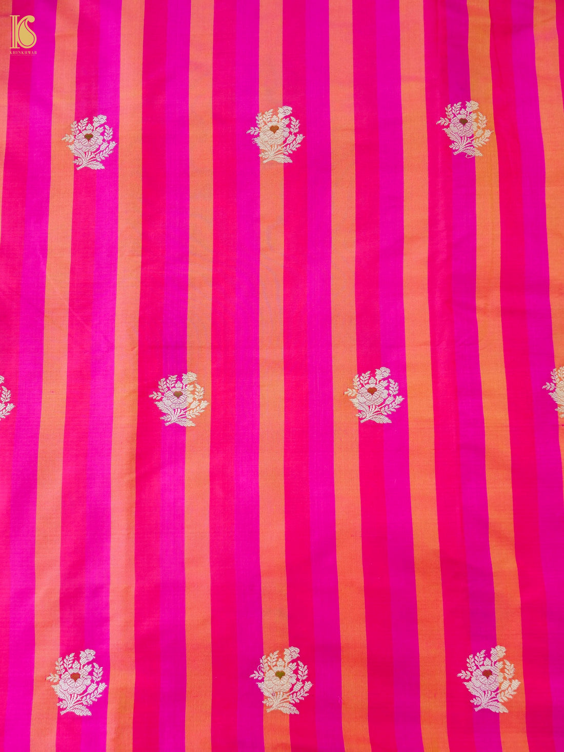 Banarasi Katan Silk Kadwa Floral Sprig Fabric in Rani Pink Stripe