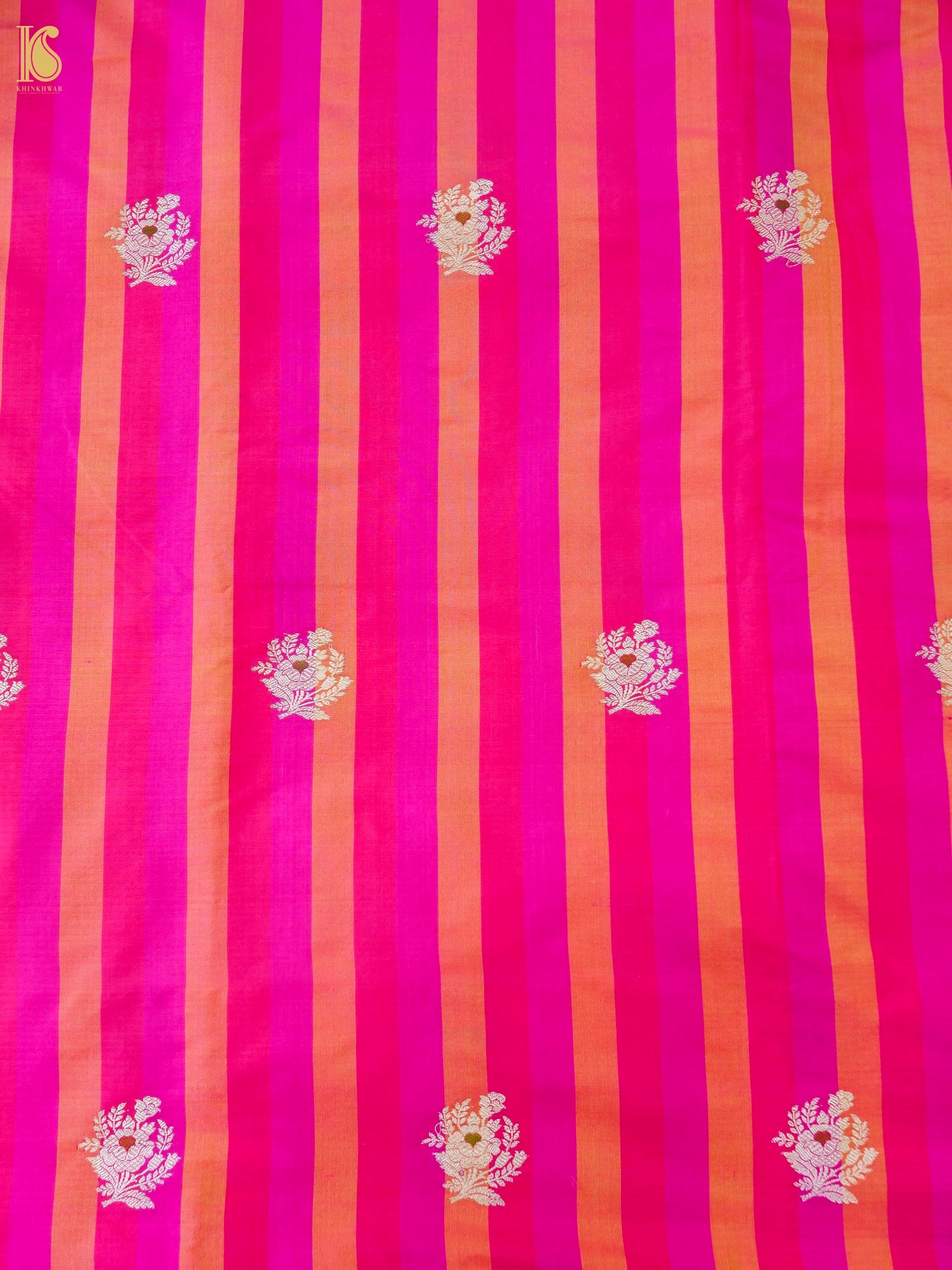 Banarasi Katan Silk Kadwa Floral Sprig Fabric in Rani Pink Stripe