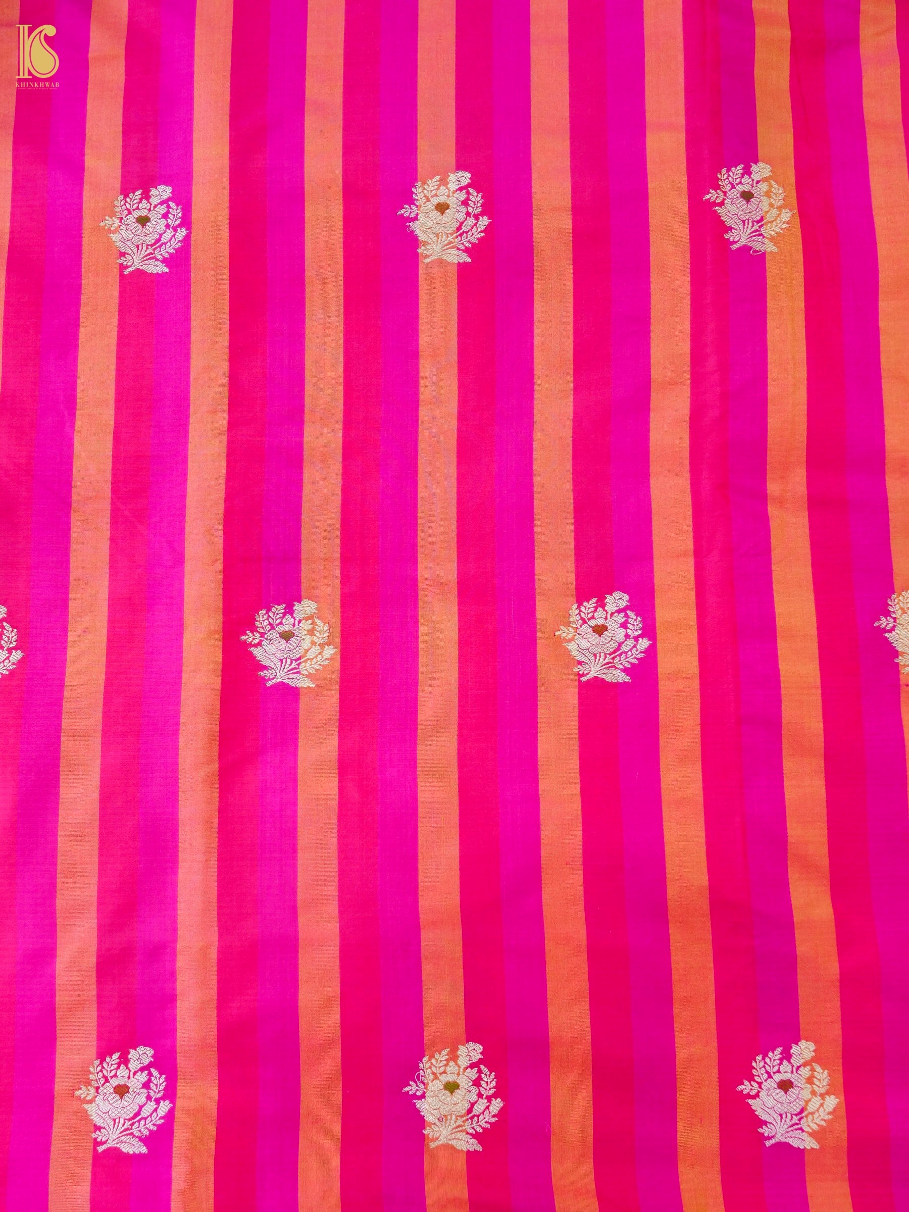 Banarasi Katan Silk Kadwa Floral Sprig Fabric in Rani Pink Stripe