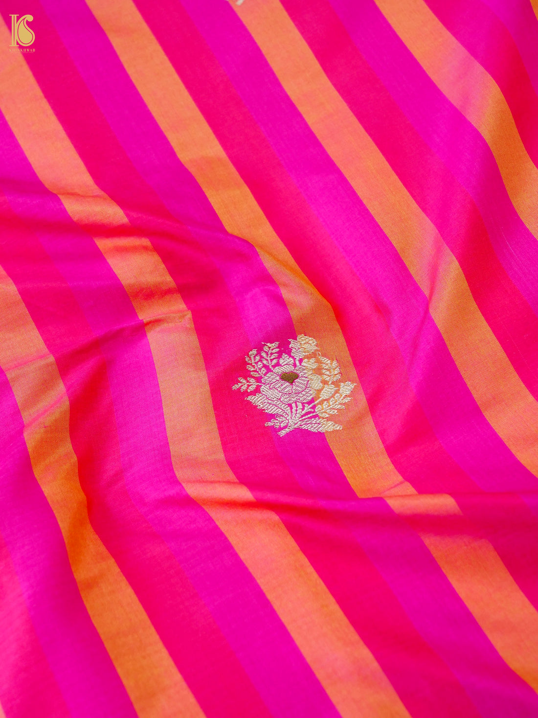 Banarasi Katan Silk Kadwa Floral Sprig Fabric in Rani Pink Stripe