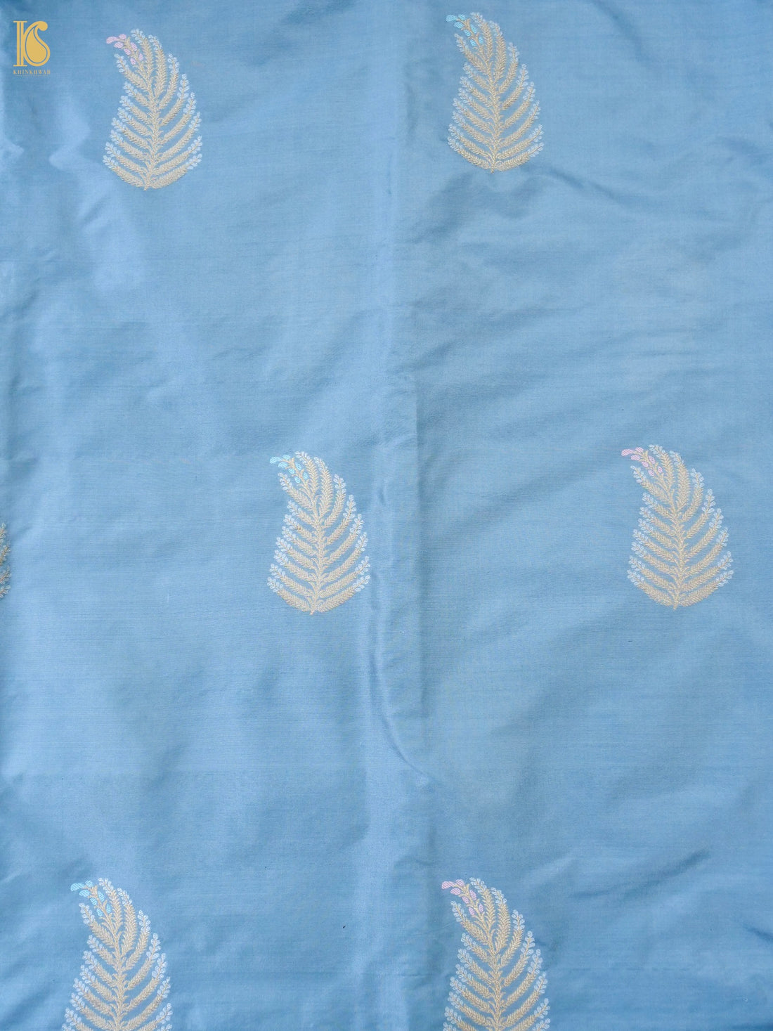 Banarasi Katan Silk Kadwa Leaf Feather Fabric in Dusty Blue
