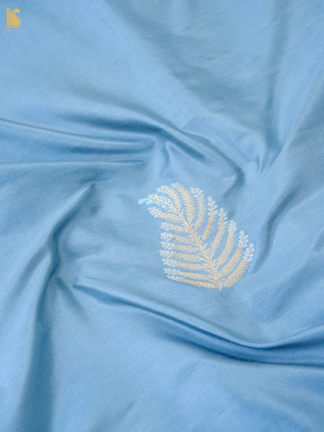 Banarasi Katan Silk Kadwa Leaf Feather Fabric in Dusty Blue