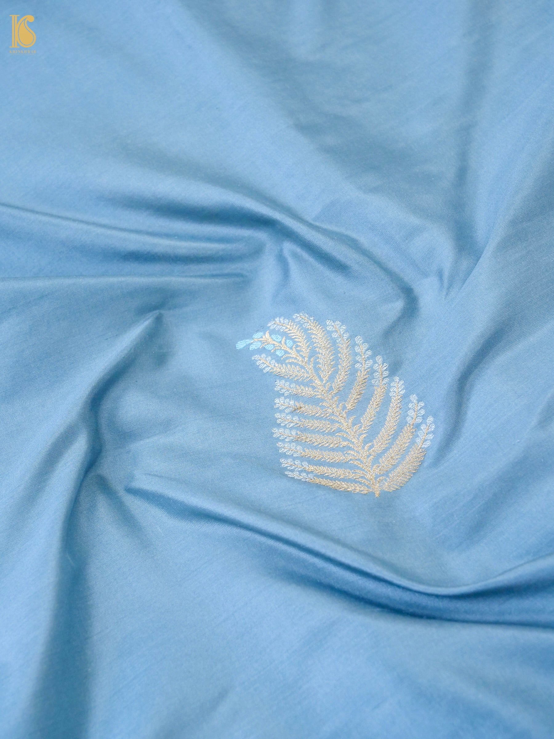 Banarasi Katan Silk Kadwa Leaf Feather Fabric in Dusty Blue