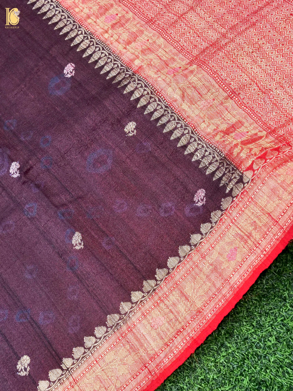 Khinkhwab handwoven Banarasi Tussar silk Booti saree in aubergine with intricate woven motifs