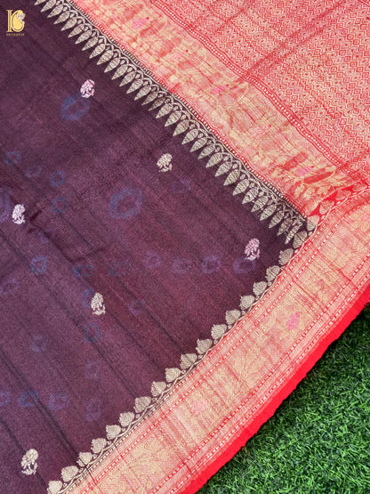 Khinkhwab handwoven Banarasi Tussar silk Booti saree in aubergine with intricate woven motifs