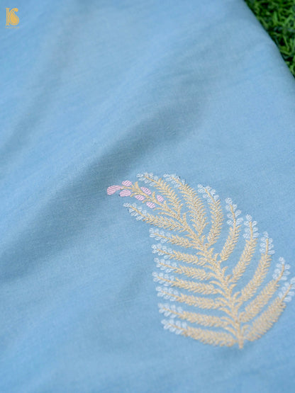 Banarasi Katan Silk Kadwa Leaf Feather Fabric in Dusty Blue