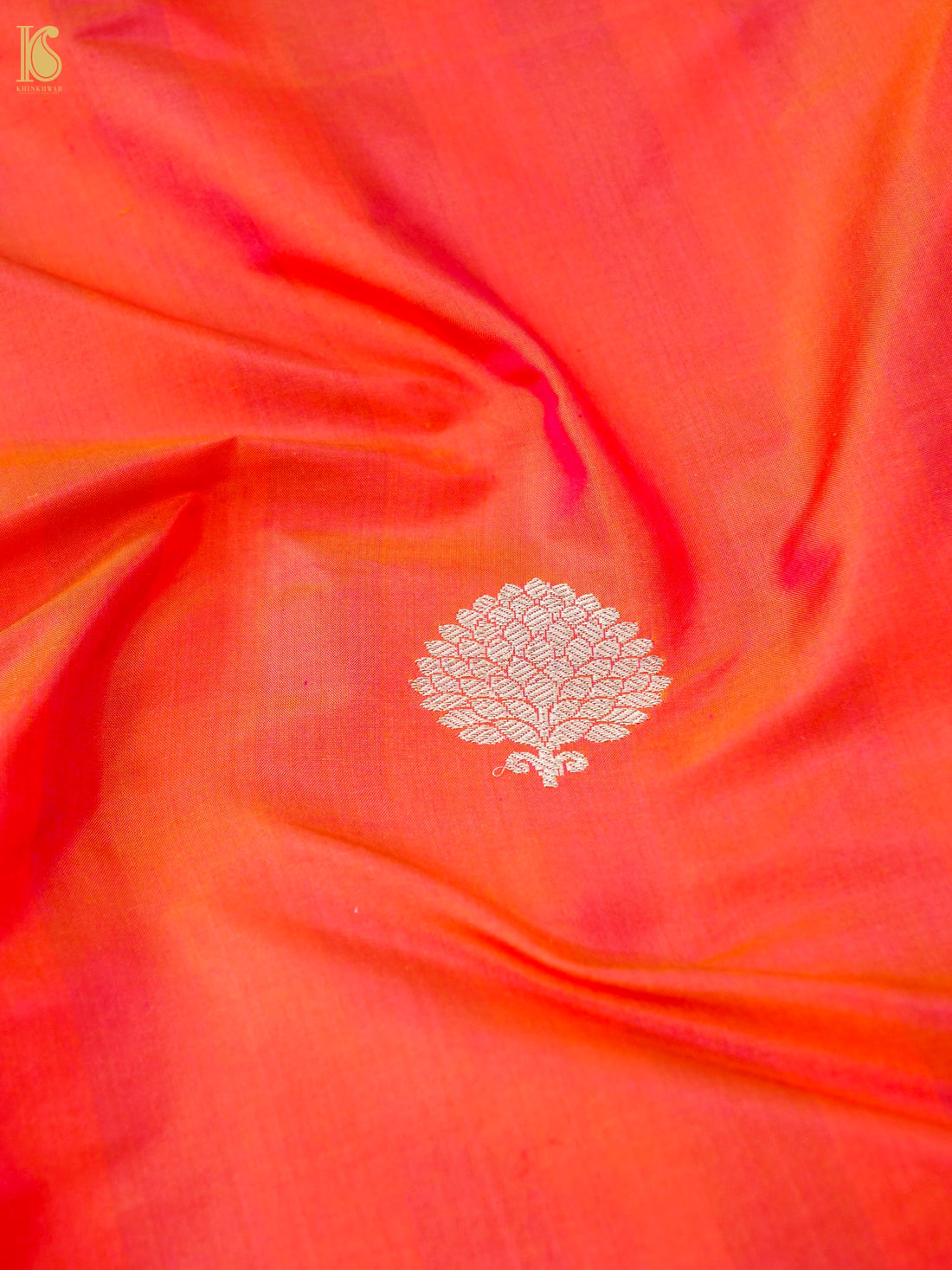 Banarasi Katan Silk Kadwa Pinecone Boota Fabric in Coral Orange