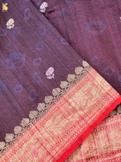 Khinkhwab handwoven Banarasi Tussar silk booti saree in aubergine with intricate woven motifs