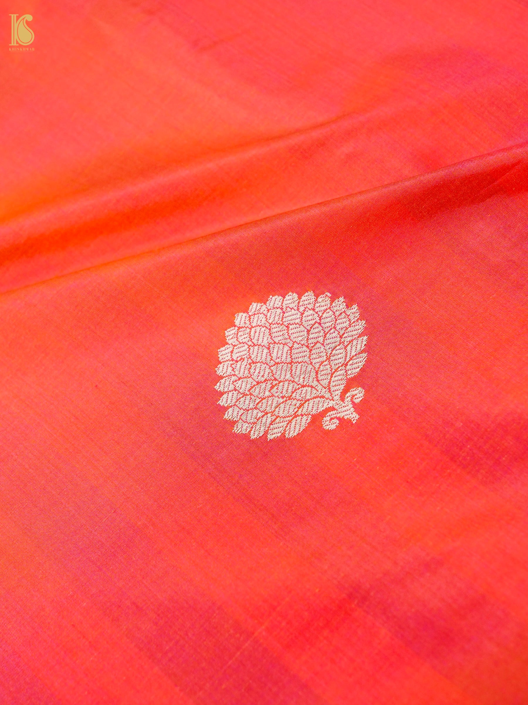 Banarasi Katan Silk Kadwa Pinecone Boota Fabric in Coral Orange