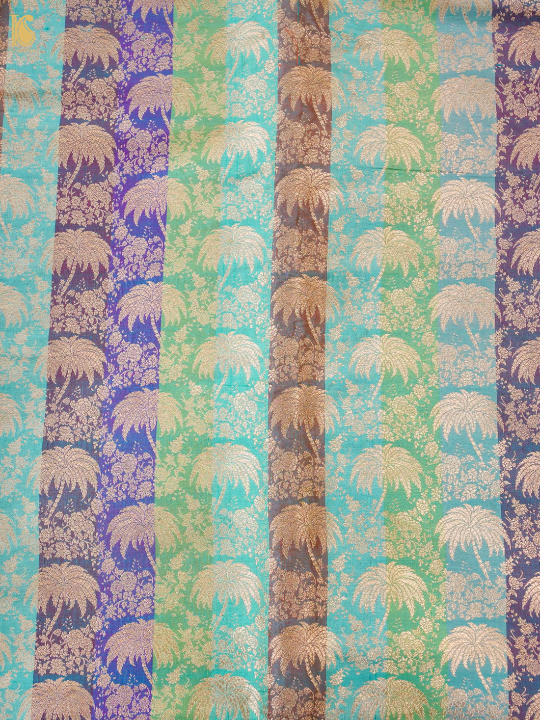 Banarasi Katan Silk Brocade Palm Tree Fabric in Turquoise Purple Stripe