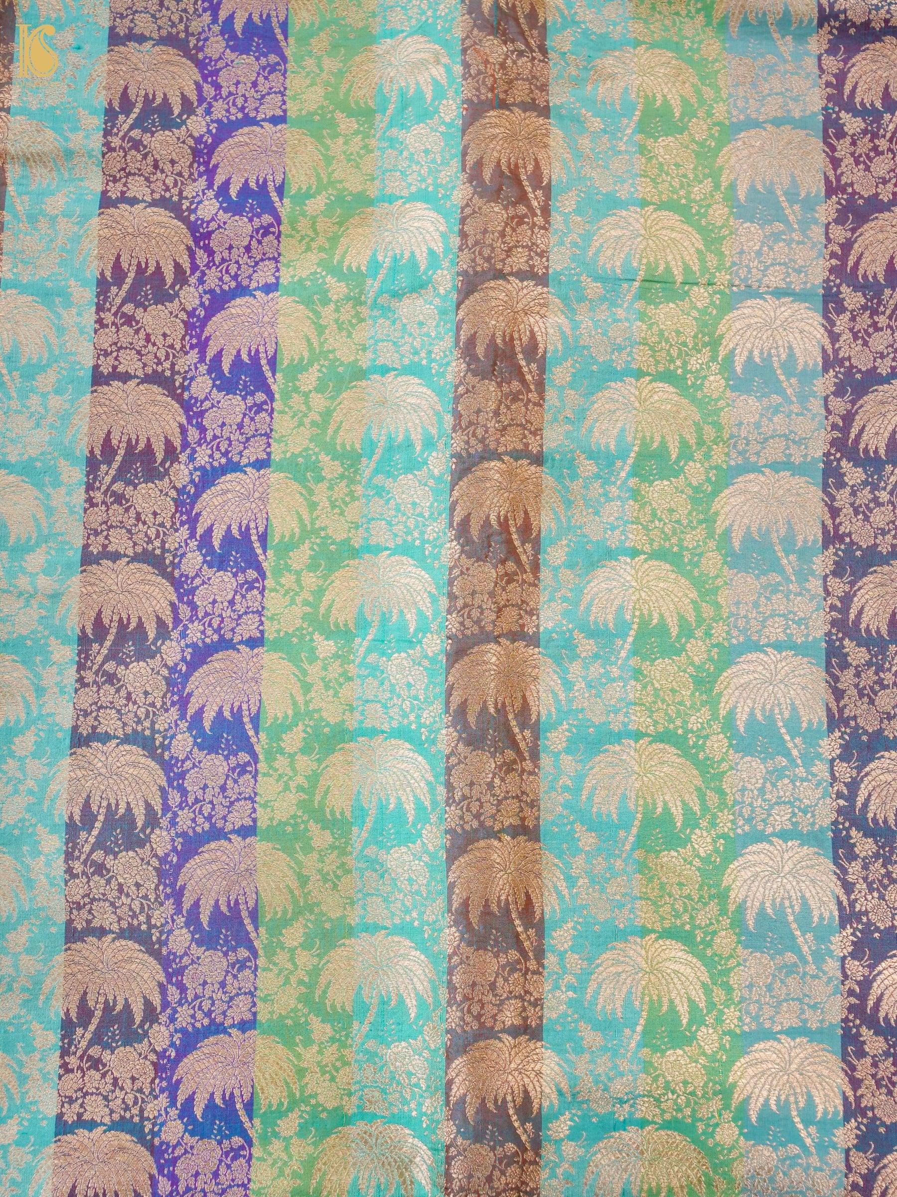 Banarasi Katan Silk Brocade Palm Tree Fabric in Turquoise Purple Stripe