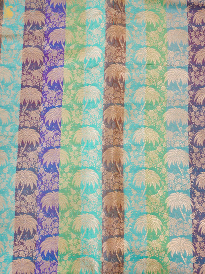 Banarasi Katan Silk Brocade Palm Tree Fabric in Turquoise Purple Stripe
