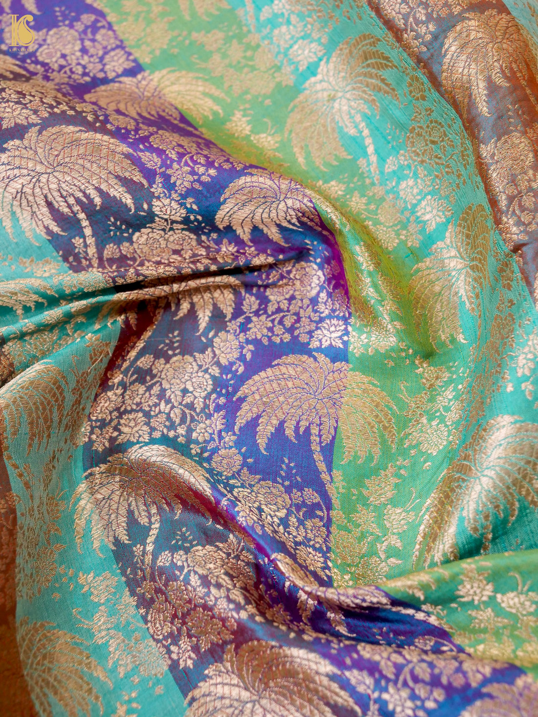 Banarasi Katan Silk Brocade Palm Tree Fabric in Turquoise Purple Stripe