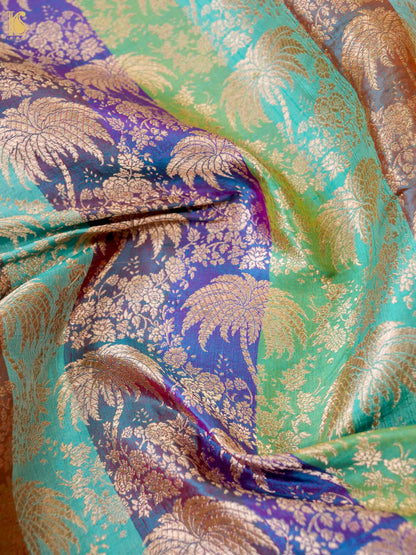 Banarasi Katan Silk Brocade Palm Tree Fabric in Turquoise Purple Stripe