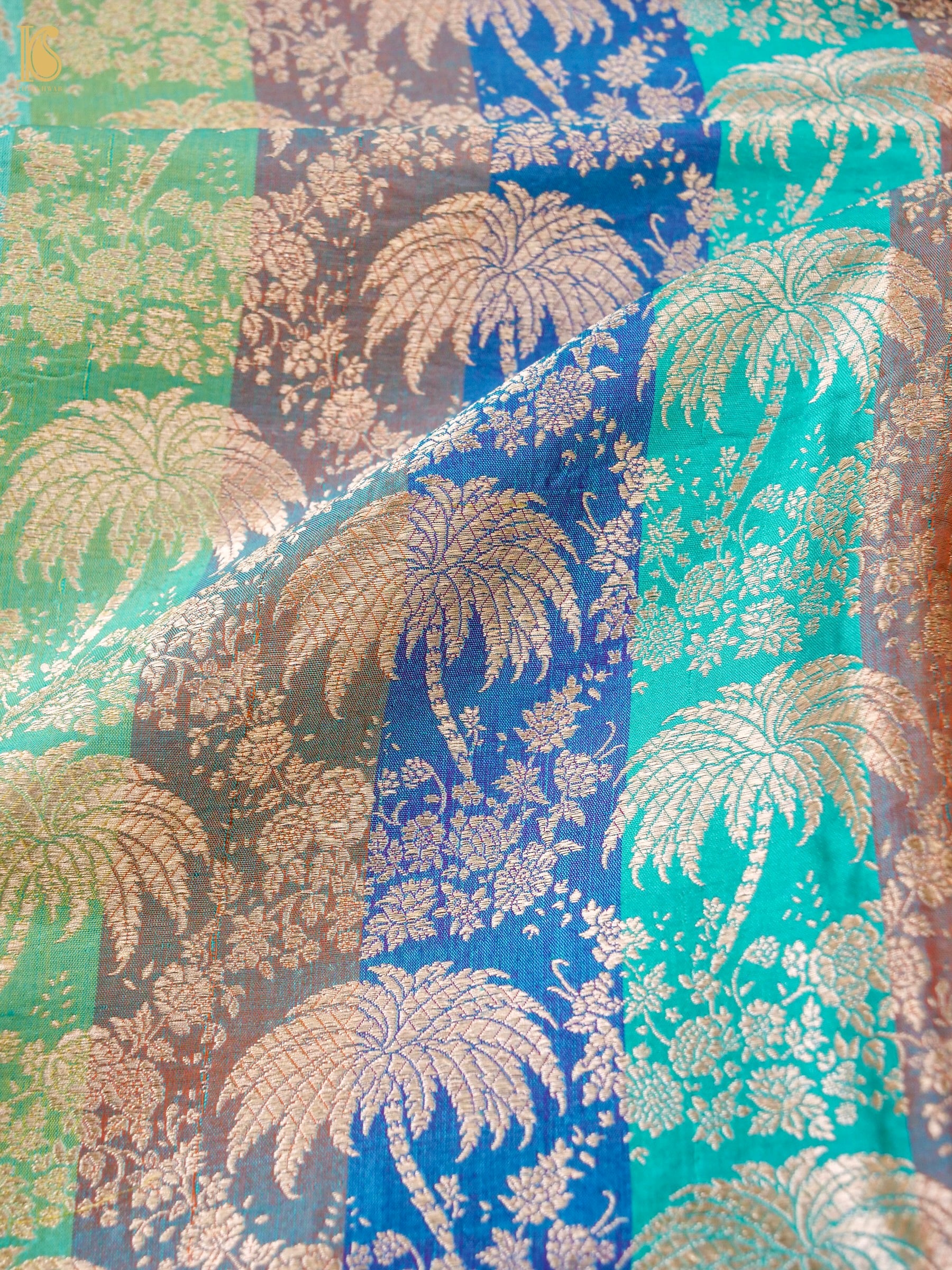 Banarasi Katan Silk Brocade Palm Tree Fabric in Turquoise Purple Stripe