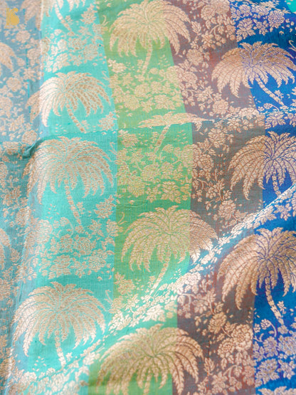 Banarasi Katan Silk Brocade Palm Tree Fabric in Turquoise Purple Stripe