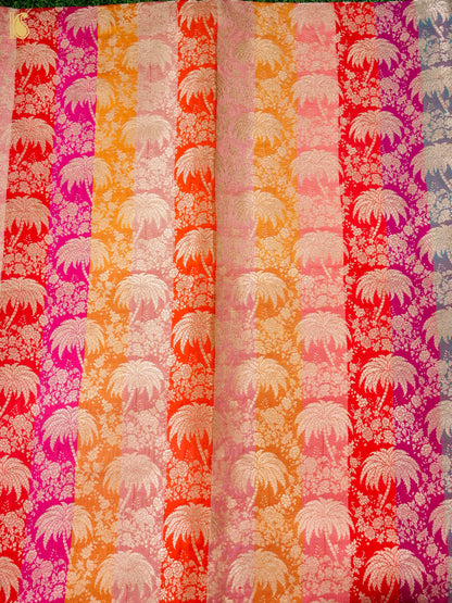 Banarasi Katan Silk Brocade Palm Tree Fabric in Red Pink Orange Stripe
