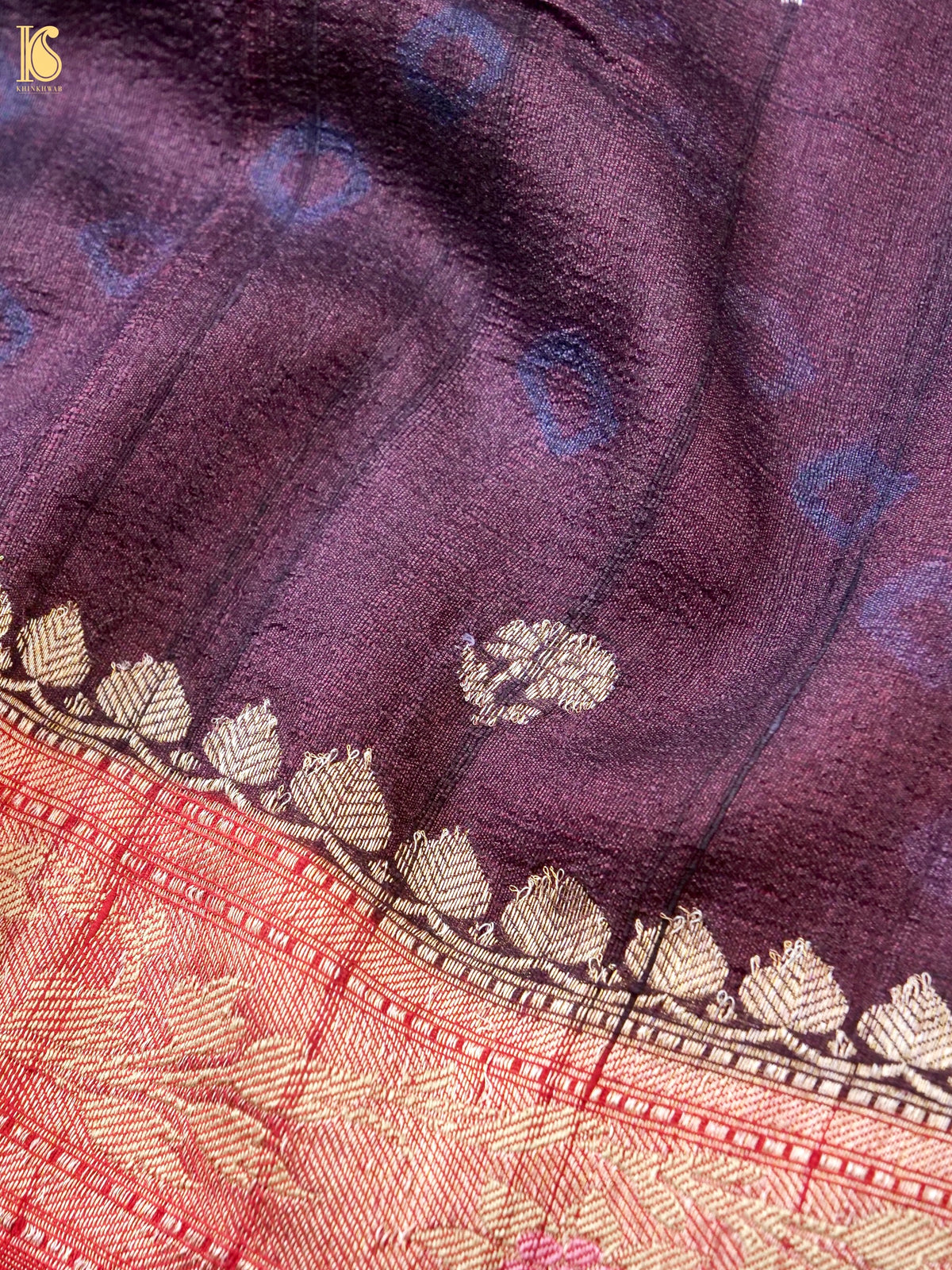 Khinkhwab handwoven Banarasi Tussar silk booti saree in aubergine with intricate woven motifs