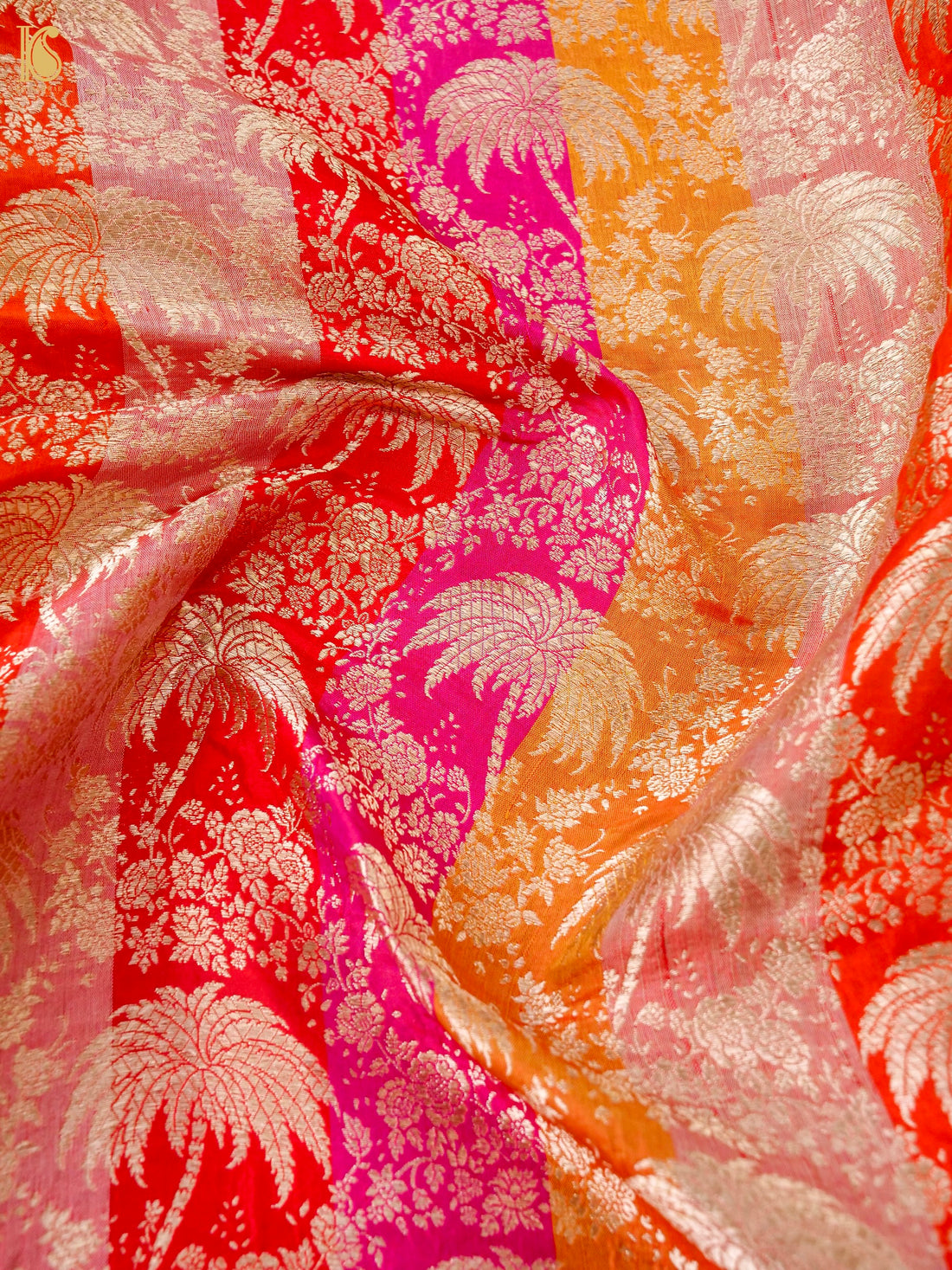 Banarasi Katan Silk Brocade Palm Tree Fabric in Red Pink Orange Stripe