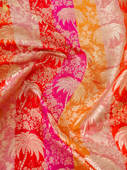 Banarasi Katan Silk Brocade Palm Tree Fabric in Red Pink Orange Stripe