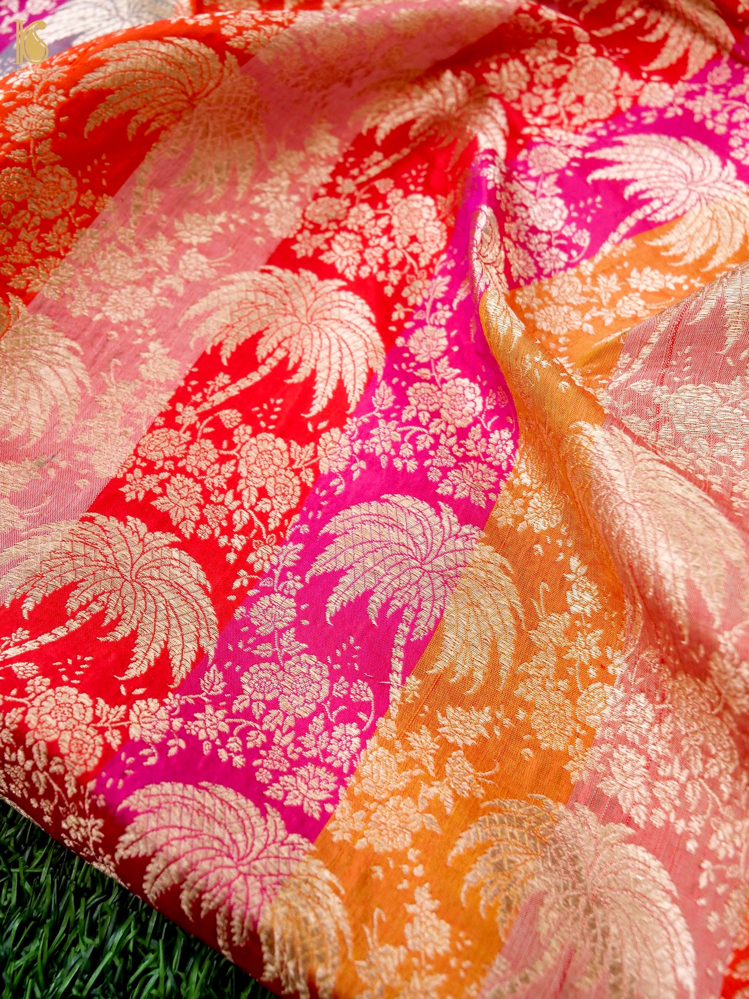 Banarasi Katan Silk Brocade Palm Tree Fabric in Red Pink Orange Stripe