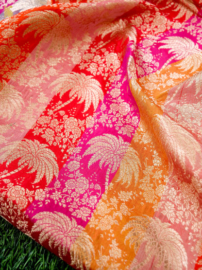 Banarasi Katan Silk Brocade Palm Tree Fabric in Red Pink Orange Stripe