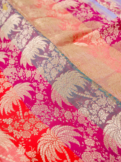 Banarasi Katan Silk Brocade Palm Tree Fabric in Red Pink Orange Stripe