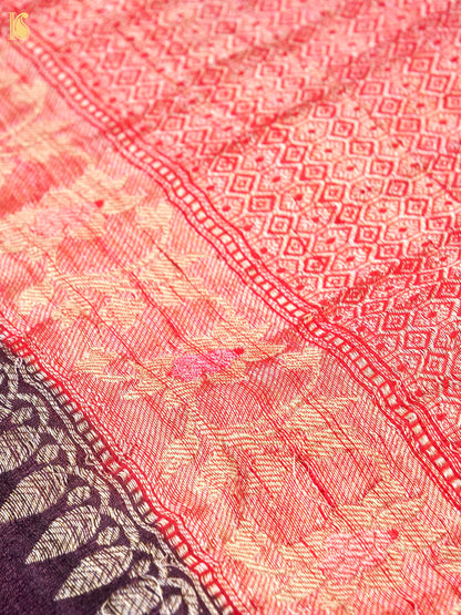 Khinkhwab handwoven Banarasi Tussar silk booti saree in aubergine, featuring intricate woven motifs