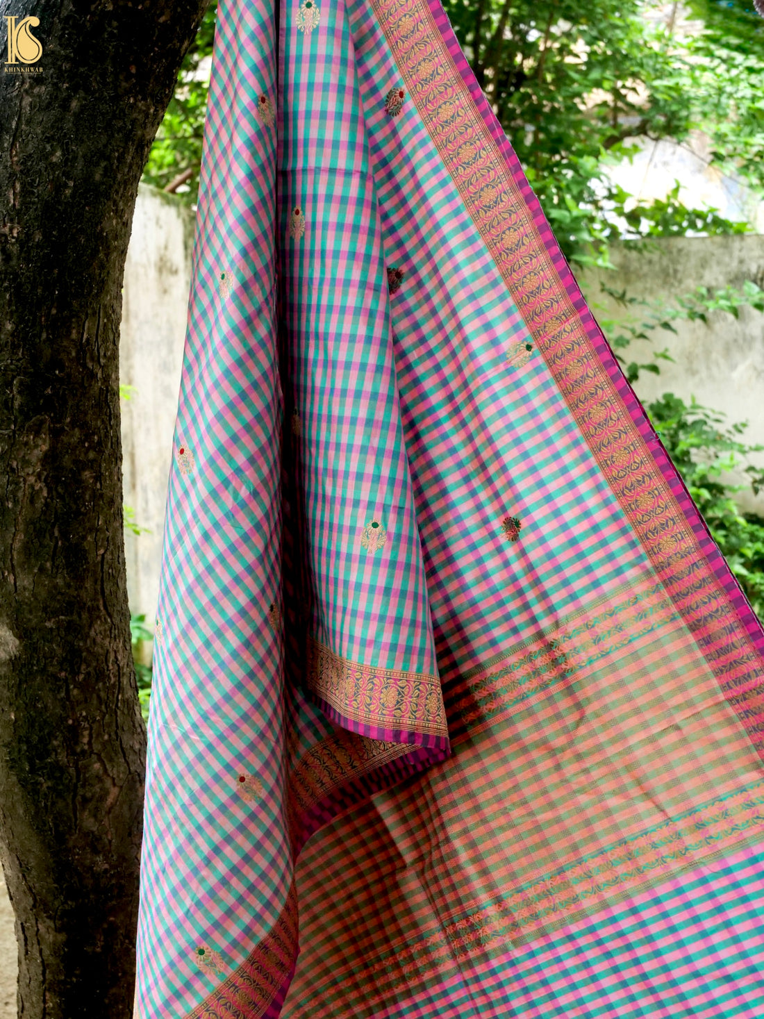 Banarasi Katan Silk Kadwa Charkhana Dupatta in Teal Pink Check