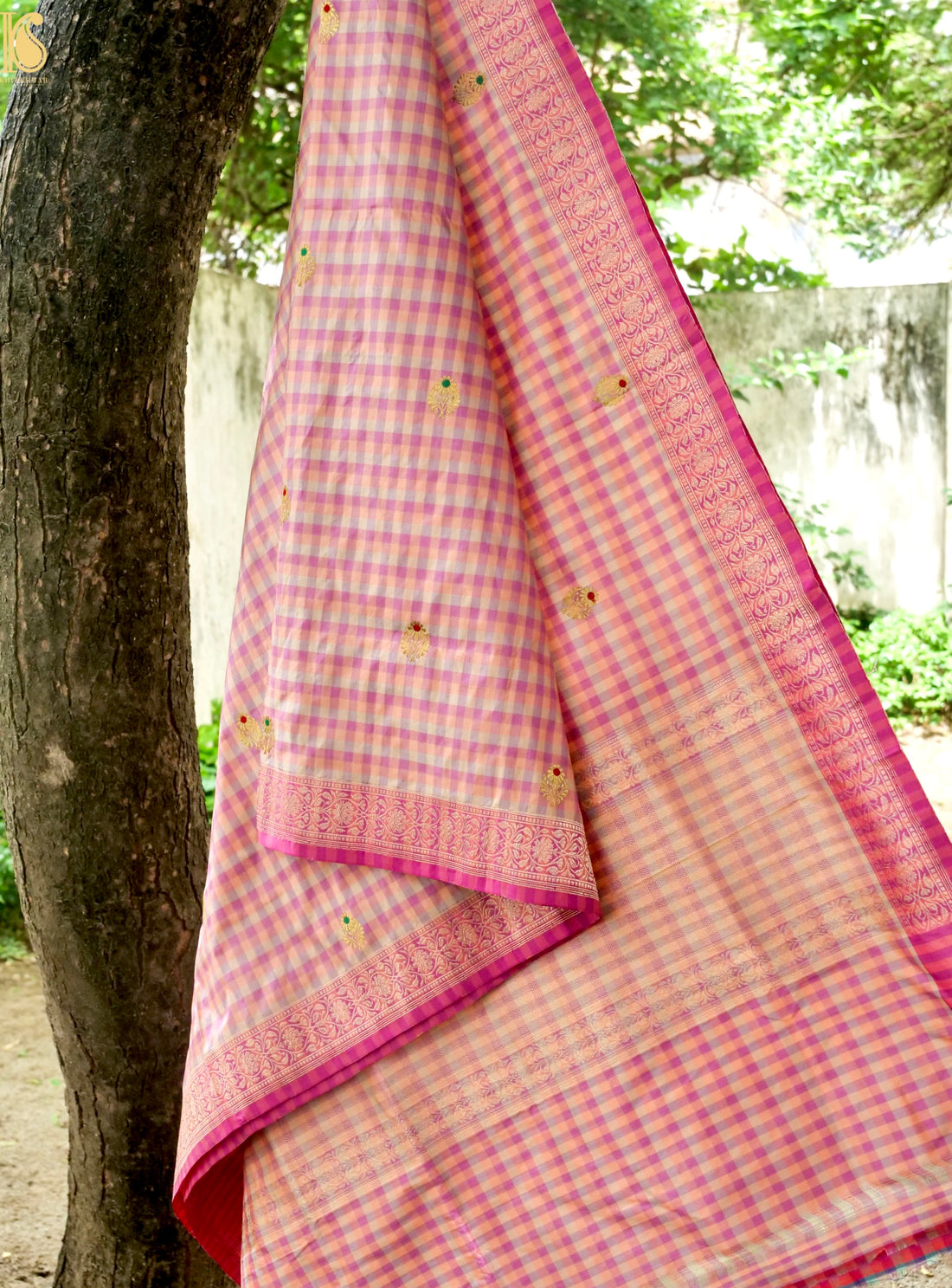 Banarasi Katan Silk Kadwa Charkhana Dupatta in Peach Lilac Check