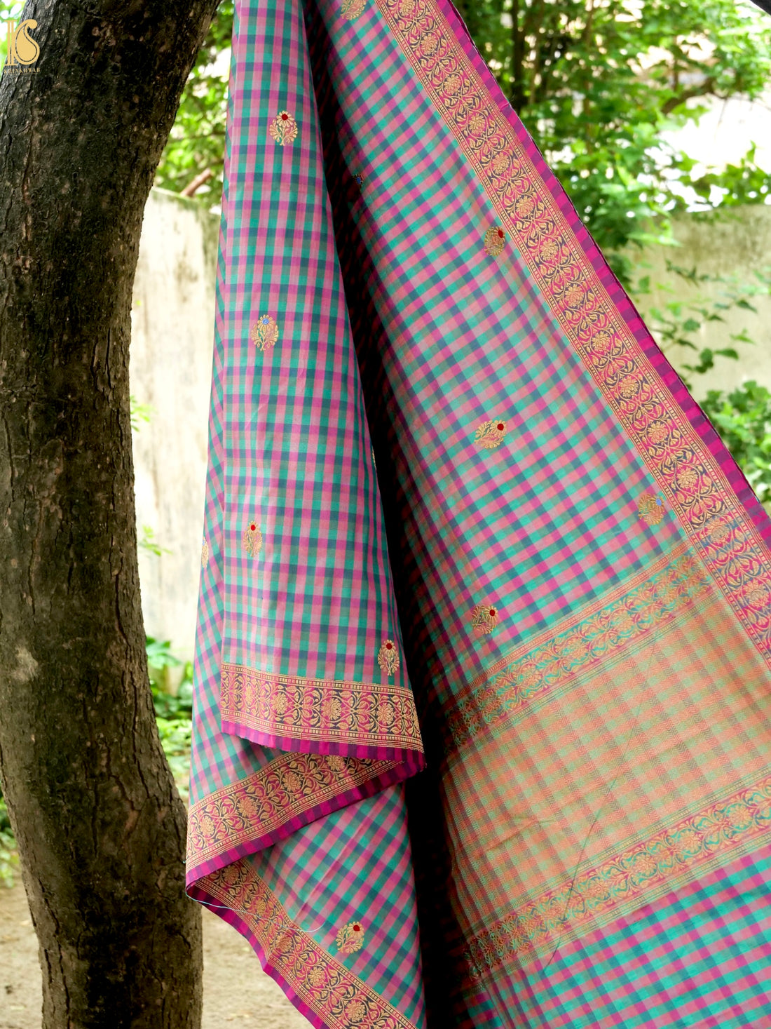 Banarasi Katan Silk Kadwa Charkhana Dupatta in Pink Teal Check