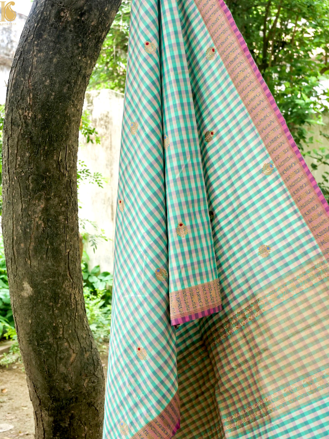 Banarasi Katan Silk Kadwa Charkhana Dupatta in Mint Cream Check