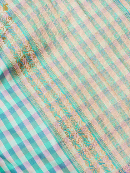 Banarasi Katan Silk Kadwa Charkhana Dupatta in Mint Cream Check